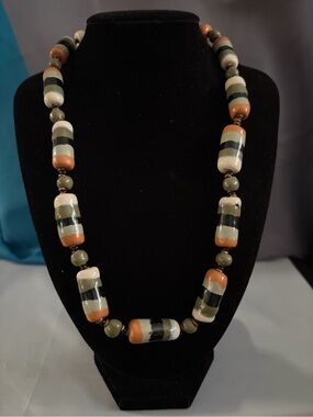 Striped Ceramic Bead Necklace in Orange, Black & Cream